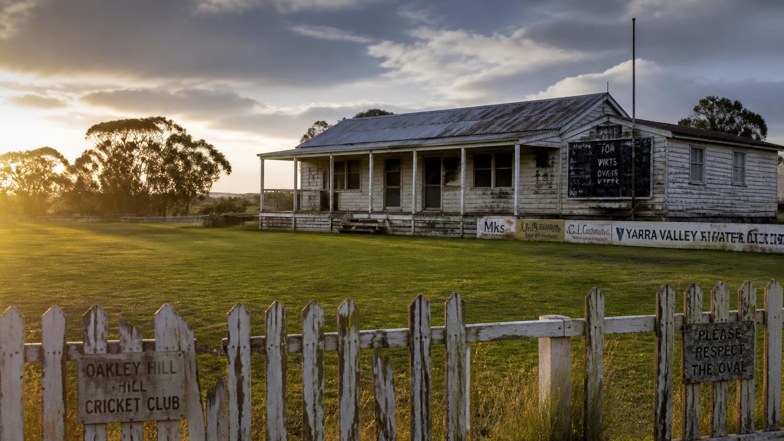 First-person view from the cricket oval looking at rundown clubrooms and a broken picket fence at dusk